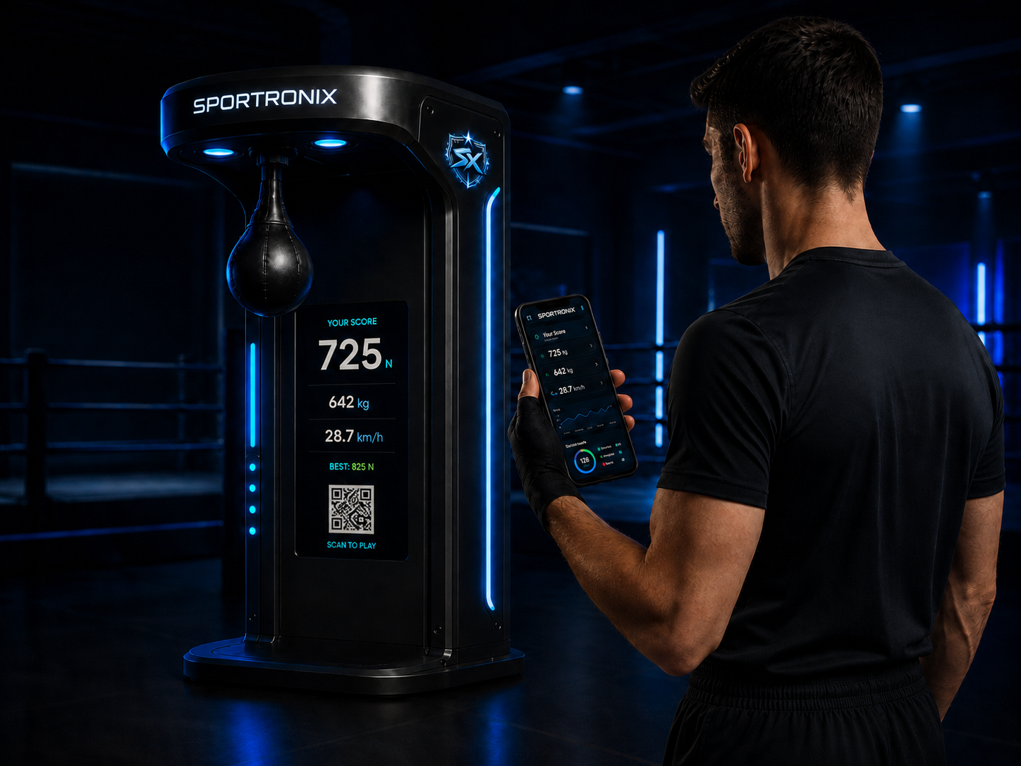 Spieler nutzt die Sportronix Maschine zusammen mit der App